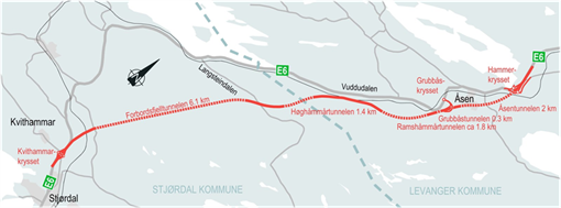 E6 Kvithammar – Asen route map